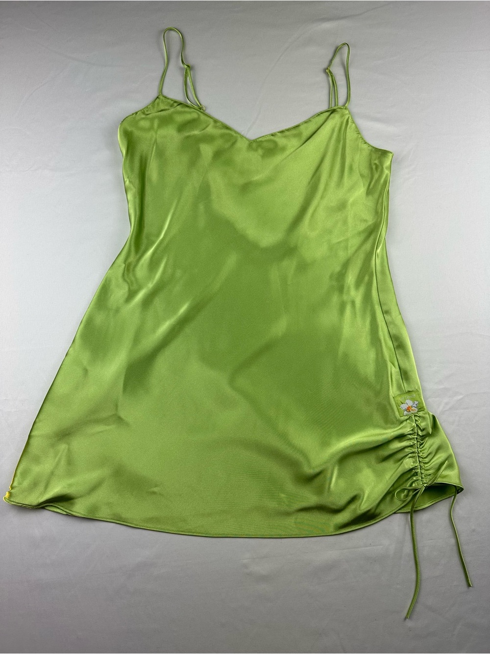 Vintage Y2K La Senza Lime Green Satin Slip Dress Ruched Fairycore Mini Sz Large